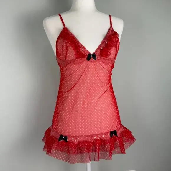 Red polka dot lace babydoll teddy mini slip dress bow lingerie - Leg Avenue - Picture 6 of 8